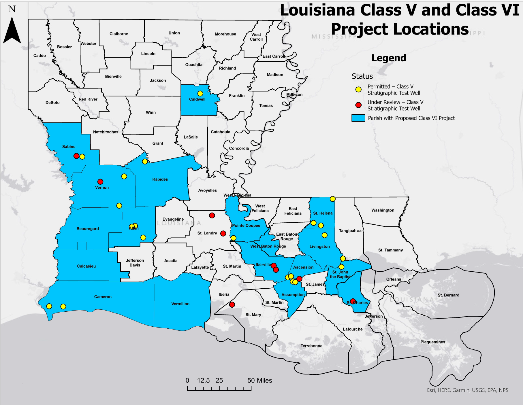 Map of Louisiana showing Class V and Class VI project locations by parish.